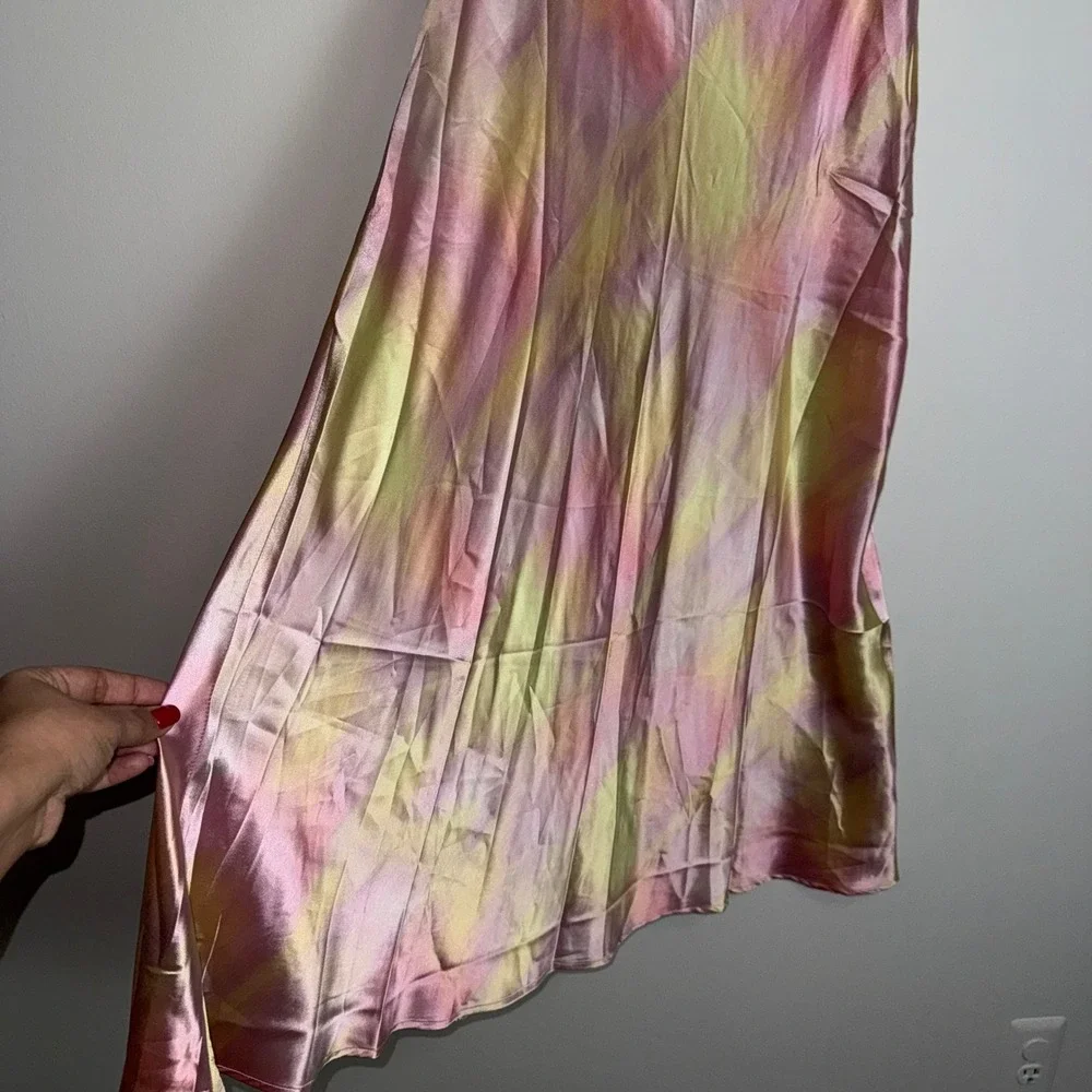 Micas‎ Pastel Tie-Dye Satin High wasited Midi Skirt Multicolor Flowy Large